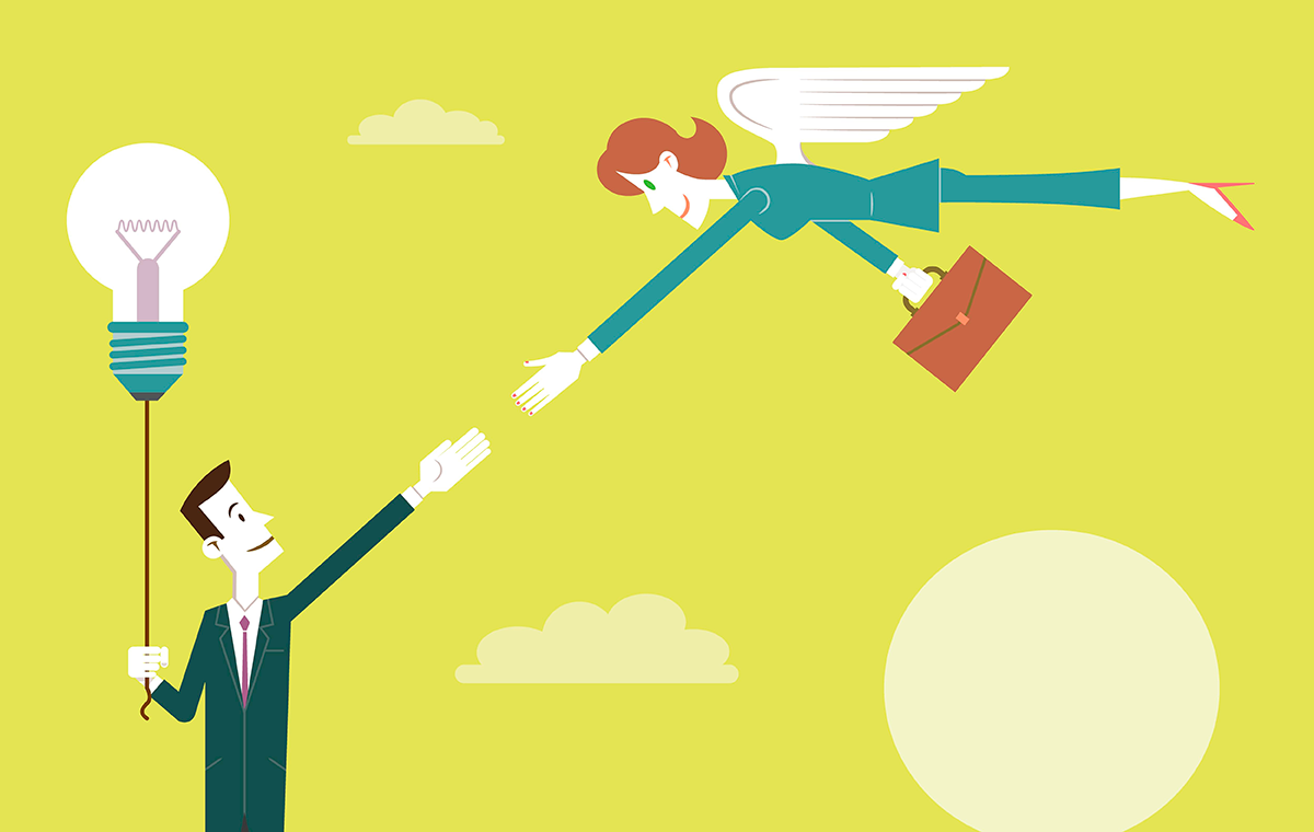 Investidor-anjo voando e dando a mão para um empreendedor. Imagem vetorial, desenho conceitual
