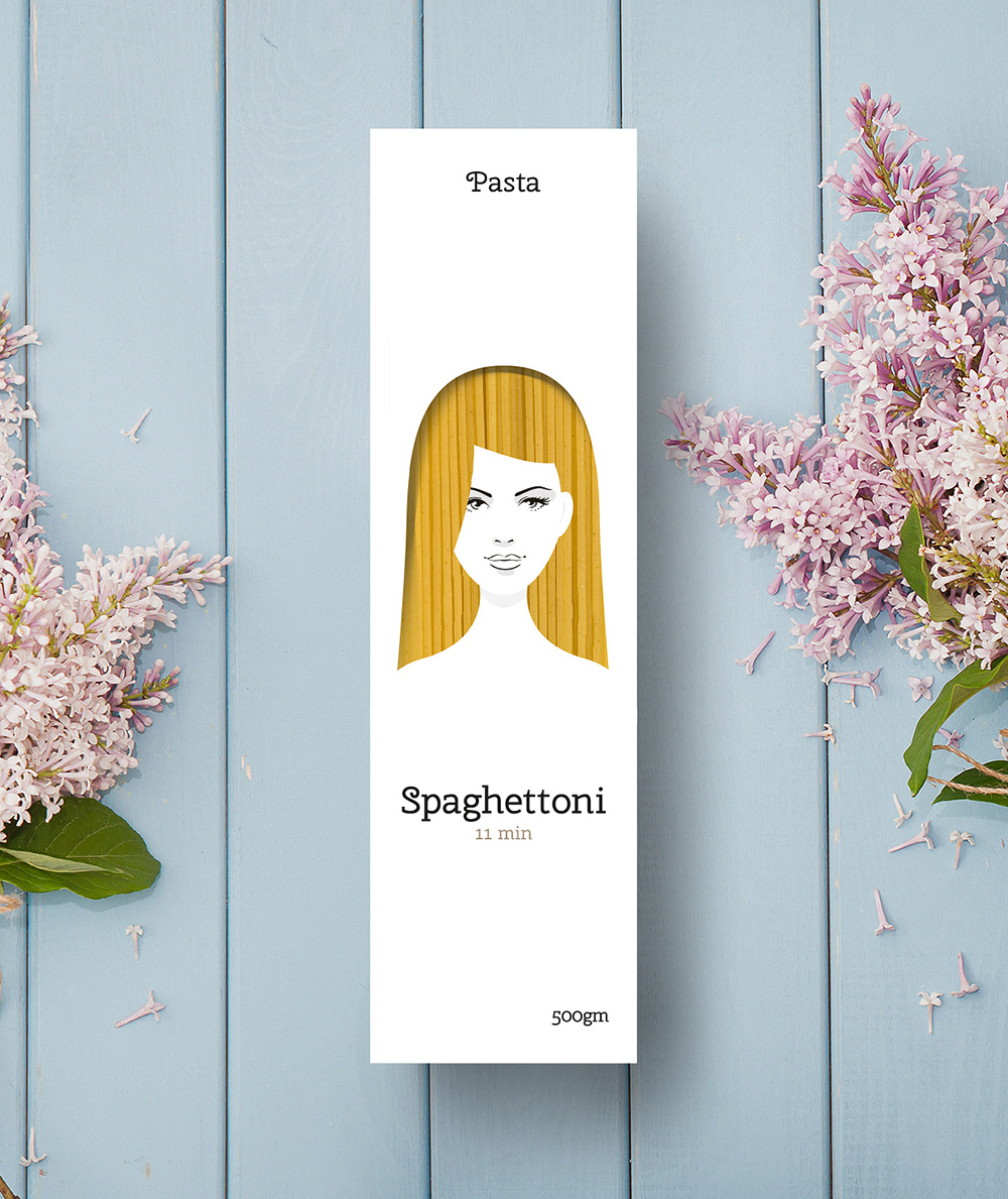 Embalagem criativa de macarrão com rosto de mulheres criada pelo russo Nikita