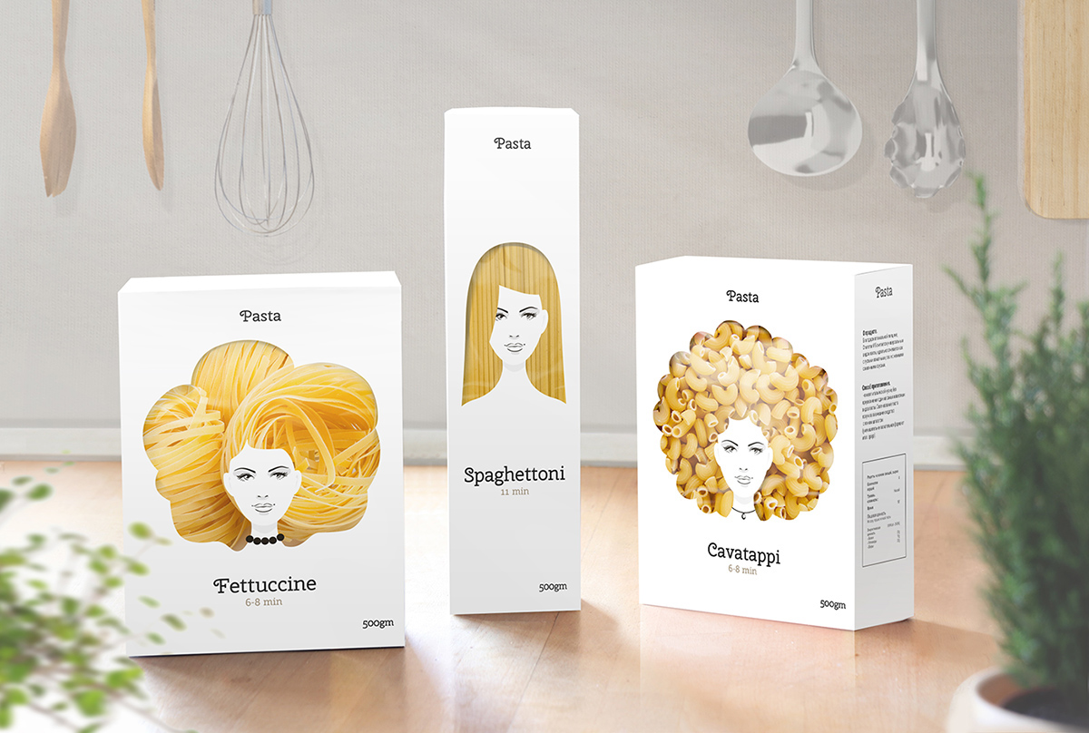 Embalagem criativa de macarrão com rosto de mulheres criada pelo russo Nikita