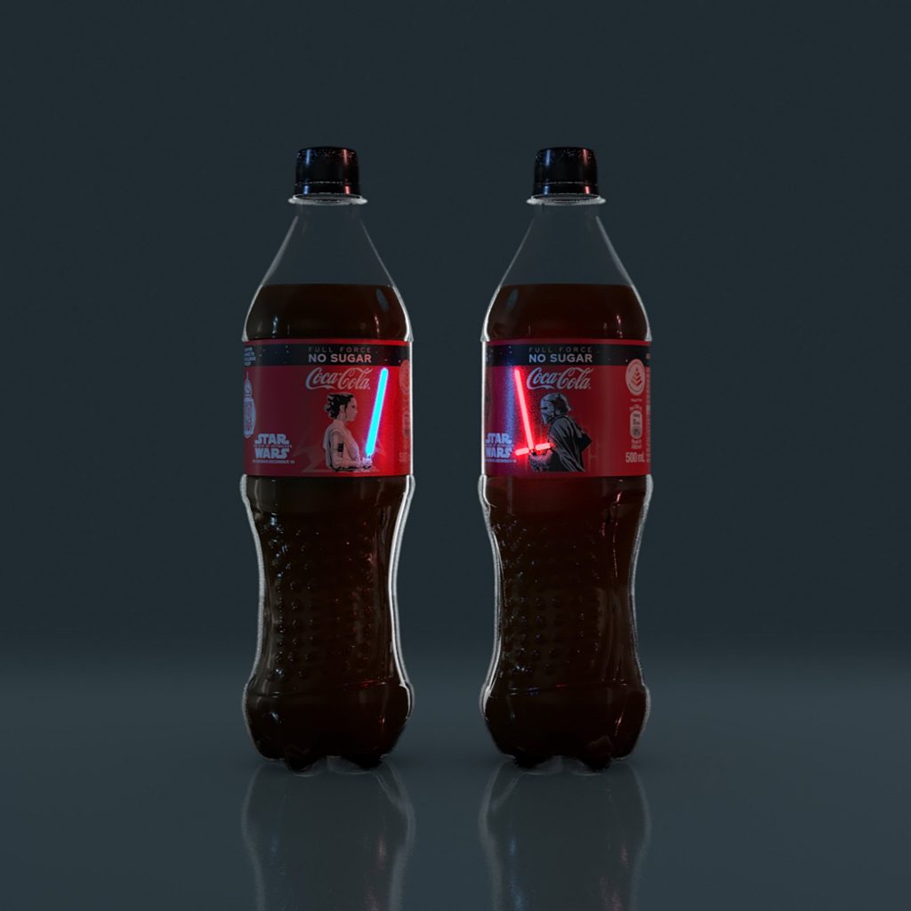 garrafas com rótulos que acendem da Coca-cola Star Wars