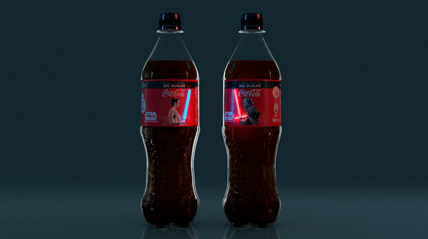 garrafas com rótulos que acendem da Coca-cola Star Wars