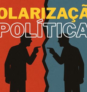 Imagem de duas pessoas com dedos em riste bravo um com o outro. cada um esta com uma cor de fundo diferente, azul e vermelho, e há uma rachadura entre eles