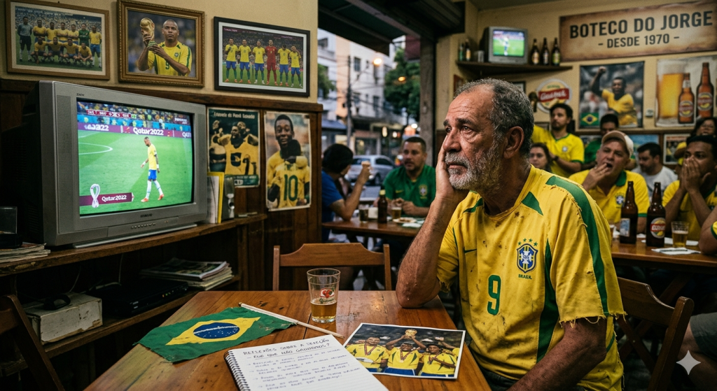 Foto mostrando o interior de um boteco tradicional brasileiro chamado 'Boteco do Jorge'. Um homem idoso com barba e camisa amarela da Seleção Brasileira com o número 9 apoia o rosto na mão, com uma expressão triste e pensativa. À sua frente, na mesa de madeira, há um caderno aberto com anotações sobre futebol, uma foto antiga da conquista de 2002 e uma pequena bandeira do Brasil. Ao fundo, uma televisão antiga exibe o jogador Neymar andando de cabeça baixa na Copa de 2022, enquanto outros torcedores no bar expressam desapontamento. Nas paredes há quadros com fotos históricas de Pelé e Ronaldo Fenômeno erguendo a taça.