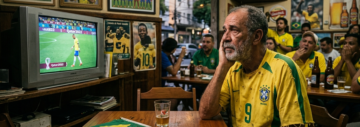 Foto mostrando o interior de um boteco tradicional brasileiro chamado 'Boteco do Jorge'. Um homem idoso com barba e camisa amarela da Seleção Brasileira com o número 9 apoia o rosto na mão, com uma expressão triste e pensativa. À sua frente, na mesa de madeira, há um caderno aberto com anotações sobre futebol, uma foto antiga da conquista de 2002 e uma pequena bandeira do Brasil. Ao fundo, uma televisão antiga exibe o jogador Neymar andando de cabeça baixa na Copa de 2022, enquanto outros torcedores no bar expressam desapontamento. Nas paredes há quadros com fotos históricas de Pelé e Ronaldo Fenômeno erguendo a taça.