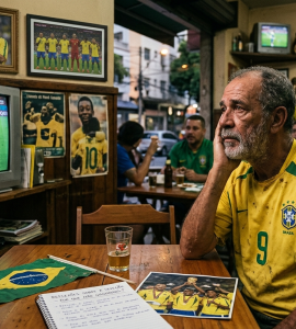 Foto mostrando o interior de um boteco tradicional brasileiro chamado 'Boteco do Jorge'. Um homem idoso com barba e camisa amarela da Seleção Brasileira com o número 9 apoia o rosto na mão, com uma expressão triste e pensativa. À sua frente, na mesa de madeira, há um caderno aberto com anotações sobre futebol, uma foto antiga da conquista de 2002 e uma pequena bandeira do Brasil. Ao fundo, uma televisão antiga exibe o jogador Neymar andando de cabeça baixa na Copa de 2022, enquanto outros torcedores no bar expressam desapontamento. Nas paredes há quadros com fotos históricas de Pelé e Ronaldo Fenômeno erguendo a taça.