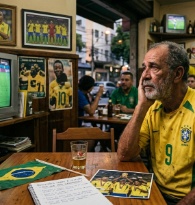 Foto mostrando o interior de um boteco tradicional brasileiro chamado 'Boteco do Jorge'. Um homem idoso com barba e camisa amarela da Seleção Brasileira com o número 9 apoia o rosto na mão, com uma expressão triste e pensativa. À sua frente, na mesa de madeira, há um caderno aberto com anotações sobre futebol, uma foto antiga da conquista de 2002 e uma pequena bandeira do Brasil. Ao fundo, uma televisão antiga exibe o jogador Neymar andando de cabeça baixa na Copa de 2022, enquanto outros torcedores no bar expressam desapontamento. Nas paredes há quadros com fotos históricas de Pelé e Ronaldo Fenômeno erguendo a taça.