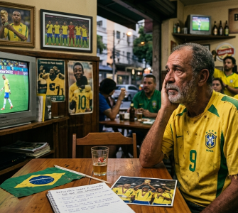 Foto mostrando o interior de um boteco tradicional brasileiro chamado 'Boteco do Jorge'. Um homem idoso com barba e camisa amarela da Seleção Brasileira com o número 9 apoia o rosto na mão, com uma expressão triste e pensativa. À sua frente, na mesa de madeira, há um caderno aberto com anotações sobre futebol, uma foto antiga da conquista de 2002 e uma pequena bandeira do Brasil. Ao fundo, uma televisão antiga exibe o jogador Neymar andando de cabeça baixa na Copa de 2022, enquanto outros torcedores no bar expressam desapontamento. Nas paredes há quadros com fotos históricas de Pelé e Ronaldo Fenômeno erguendo a taça.