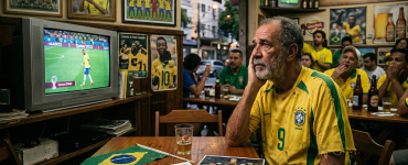 Foto mostrando o interior de um boteco tradicional brasileiro chamado 'Boteco do Jorge'. Um homem idoso com barba e camisa amarela da Seleção Brasileira com o número 9 apoia o rosto na mão, com uma expressão triste e pensativa. À sua frente, na mesa de madeira, há um caderno aberto com anotações sobre futebol, uma foto antiga da conquista de 2002 e uma pequena bandeira do Brasil. Ao fundo, uma televisão antiga exibe o jogador Neymar andando de cabeça baixa na Copa de 2022, enquanto outros torcedores no bar expressam desapontamento. Nas paredes há quadros com fotos históricas de Pelé e Ronaldo Fenômeno erguendo a taça.