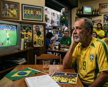 Foto mostrando o interior de um boteco tradicional brasileiro chamado 'Boteco do Jorge'. Um homem idoso com barba e camisa amarela da Seleção Brasileira com o número 9 apoia o rosto na mão, com uma expressão triste e pensativa. À sua frente, na mesa de madeira, há um caderno aberto com anotações sobre futebol, uma foto antiga da conquista de 2002 e uma pequena bandeira do Brasil. Ao fundo, uma televisão antiga exibe o jogador Neymar andando de cabeça baixa na Copa de 2022, enquanto outros torcedores no bar expressam desapontamento. Nas paredes há quadros com fotos históricas de Pelé e Ronaldo Fenômeno erguendo a taça.