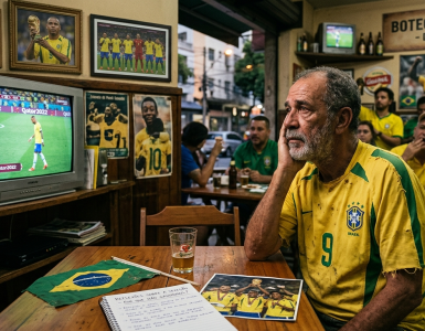 Foto mostrando o interior de um boteco tradicional brasileiro chamado 'Boteco do Jorge'. Um homem idoso com barba e camisa amarela da Seleção Brasileira com o número 9 apoia o rosto na mão, com uma expressão triste e pensativa. À sua frente, na mesa de madeira, há um caderno aberto com anotações sobre futebol, uma foto antiga da conquista de 2002 e uma pequena bandeira do Brasil. Ao fundo, uma televisão antiga exibe o jogador Neymar andando de cabeça baixa na Copa de 2022, enquanto outros torcedores no bar expressam desapontamento. Nas paredes há quadros com fotos históricas de Pelé e Ronaldo Fenômeno erguendo a taça.