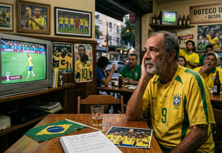 Foto mostrando o interior de um boteco tradicional brasileiro chamado 'Boteco do Jorge'. Um homem idoso com barba e camisa amarela da Seleção Brasileira com o número 9 apoia o rosto na mão, com uma expressão triste e pensativa. À sua frente, na mesa de madeira, há um caderno aberto com anotações sobre futebol, uma foto antiga da conquista de 2002 e uma pequena bandeira do Brasil. Ao fundo, uma televisão antiga exibe o jogador Neymar andando de cabeça baixa na Copa de 2022, enquanto outros torcedores no bar expressam desapontamento. Nas paredes há quadros com fotos históricas de Pelé e Ronaldo Fenômeno erguendo a taça.