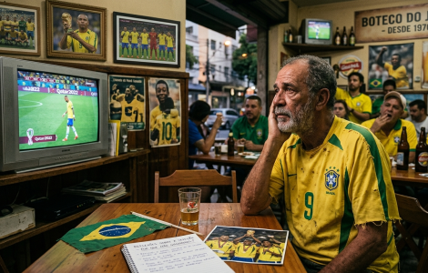 Foto mostrando o interior de um boteco tradicional brasileiro chamado 'Boteco do Jorge'. Um homem idoso com barba e camisa amarela da Seleção Brasileira com o número 9 apoia o rosto na mão, com uma expressão triste e pensativa. À sua frente, na mesa de madeira, há um caderno aberto com anotações sobre futebol, uma foto antiga da conquista de 2002 e uma pequena bandeira do Brasil. Ao fundo, uma televisão antiga exibe o jogador Neymar andando de cabeça baixa na Copa de 2022, enquanto outros torcedores no bar expressam desapontamento. Nas paredes há quadros com fotos históricas de Pelé e Ronaldo Fenômeno erguendo a taça.