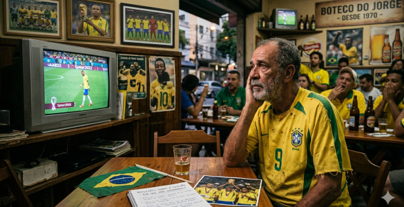 Foto mostrando o interior de um boteco tradicional brasileiro chamado 'Boteco do Jorge'. Um homem idoso com barba e camisa amarela da Seleção Brasileira com o número 9 apoia o rosto na mão, com uma expressão triste e pensativa. À sua frente, na mesa de madeira, há um caderno aberto com anotações sobre futebol, uma foto antiga da conquista de 2002 e uma pequena bandeira do Brasil. Ao fundo, uma televisão antiga exibe o jogador Neymar andando de cabeça baixa na Copa de 2022, enquanto outros torcedores no bar expressam desapontamento. Nas paredes há quadros com fotos históricas de Pelé e Ronaldo Fenômeno erguendo a taça.