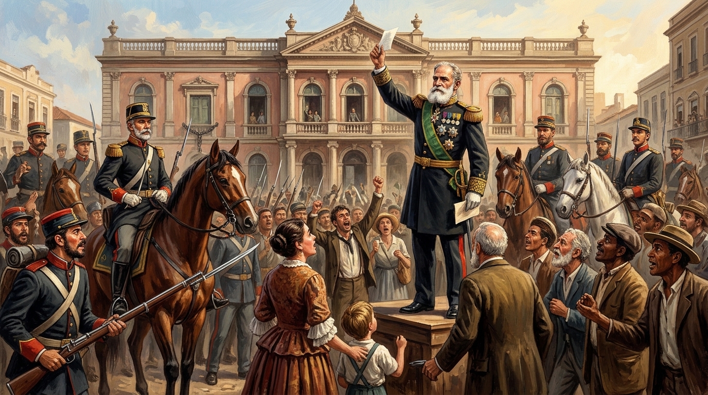 O nascimento do Brasil republicano: Em 15 de novembro de 1889, o Marechal Deodoro da Fonseca lidera a proclamação no Rio de Janeiro, encerrando o período imperial e inaugurando a era da República Velha.