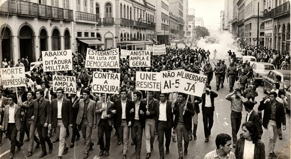 Resistência e repressão (1964–1985): Durante os 21 anos de Regime Militar, a sociedade civil e os movimentos estudantis mobilizaram-se em intensos protestos nas ruas das grandes capitais contra a censura e pela recuperação das liberdades democráticas.